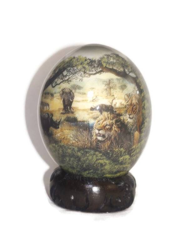 Decoupage Ostrich Egg with African big 5 Animals, Antelopes, giraffes, Zebras. Unique print and painting Christmas Gifts, Ready to Ship