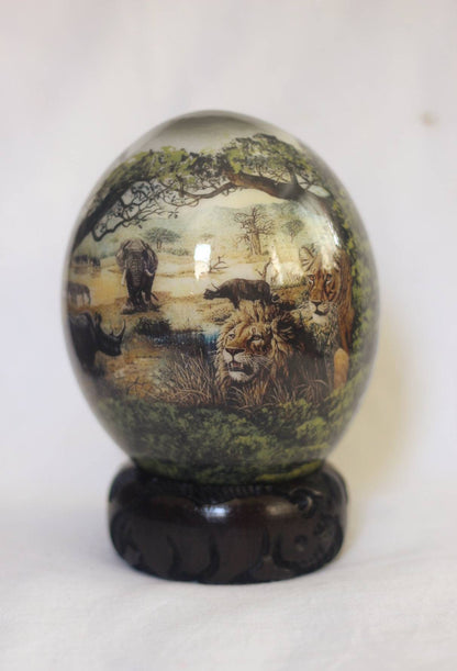 Decoupage Ostrich Egg with African big 5 Animals, Antelopes, giraffes, Zebras. Unique print and painting Christmas Gifts, Ready to Ship