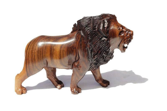 Fine Art Lion King Handcarved Ironwood Masterpiece. Walking Lifelike figurine. Smooth carving visible grain Zimbabwean made. Christmas gifts