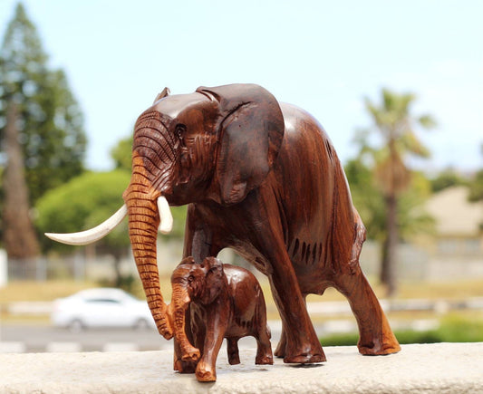 Large Elephant and Calf Ironwood Sculpture. Zimbabwean handmade smooth lifelike figurines. African Big Five Christmas gifts ready to Ship