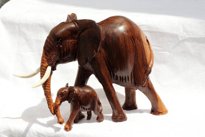 Large Elephant and Calf Ironwood Sculpture. Zimbabwean handmade smooth lifelike figurines. African Big Five Christmas gifts ready to Ship