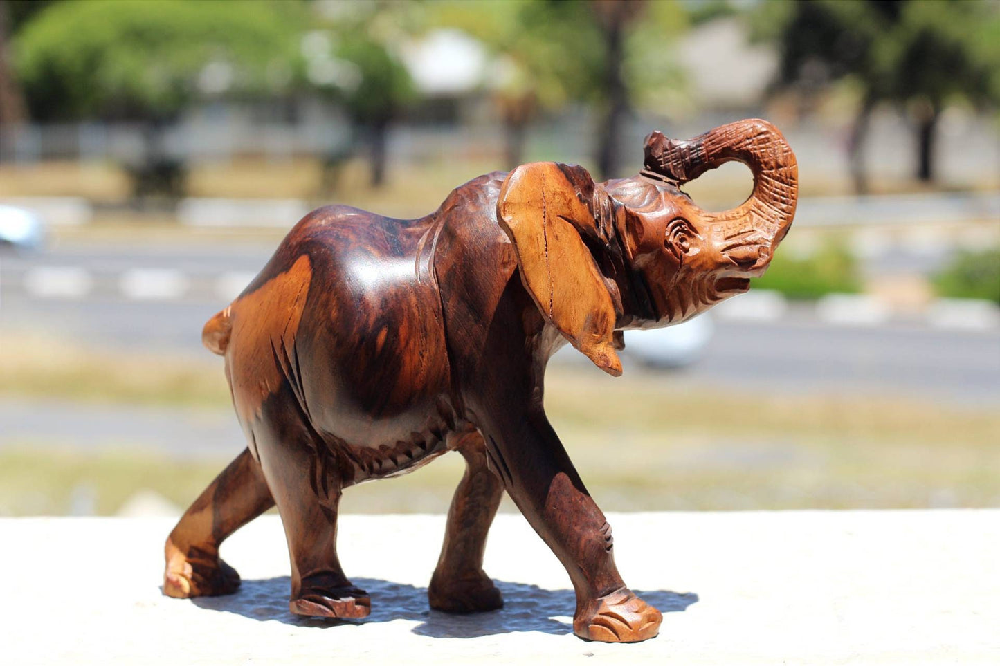 Smooth Fine Art Carved Elephant ironwood interior/Office Décor. Unique African Christmas gifts. Walking Trunk Up elephant. Ready to Ship