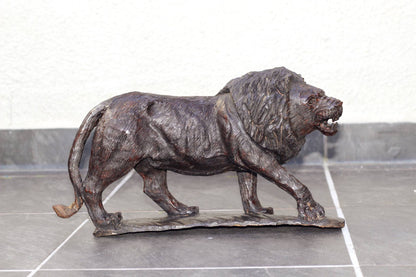 Large Handcarved lion Iron wood figurine. Dark Brown African hardwood walking animal Sculpture with base. Unique handmade Gift from Zimbabwe