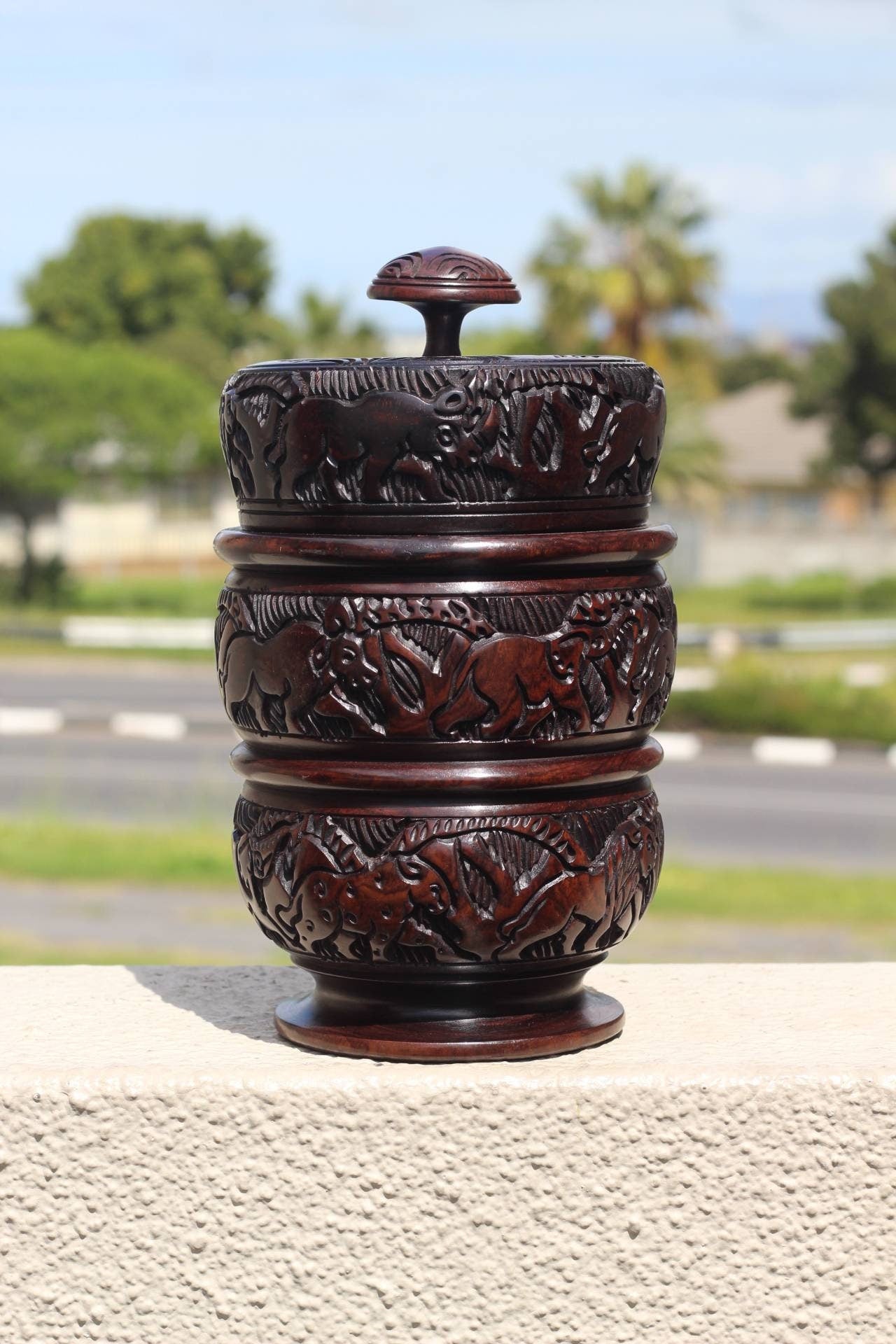 Large Iron Wood Handcarved Jewelry Box. It's 1 Carved to look like 2 stacked bowls. Unique African Handmade ready to Ship Christmas Gifts.