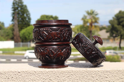 Large Iron Wood Handcarved Jewelry Box. It's 1 Carved to look like 2 stacked bowls. Unique African Handmade ready to Ship Christmas Gifts.