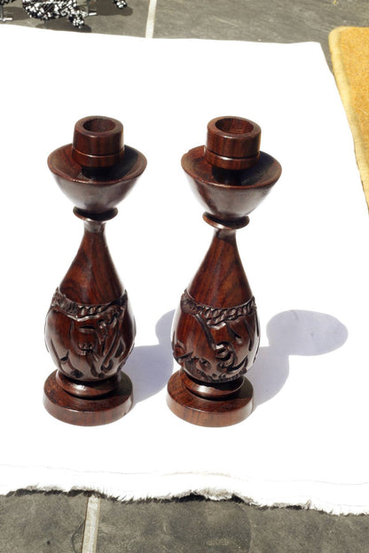 Set of 2 Carved Iron Wood candlestick stands for home and office decor. African animals carved candle holder. Rhino and Elephant Theme Gifts