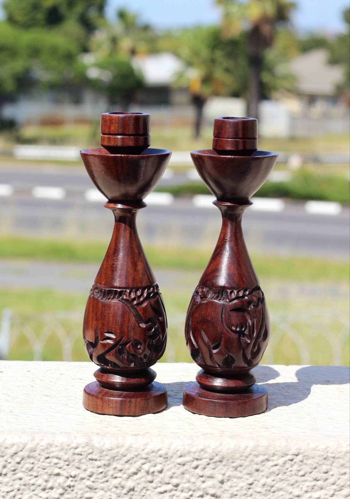 Set of 2 Carved Iron Wood candlestick stands for home and office decor. African animals carved candle holder. Rhino and Elephant Theme Gifts