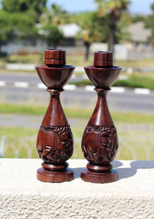 Set of 2 Carved Iron Wood candlestick stands for home and office decor. African animals carved candle holder. Rhino and Elephant Theme Gifts