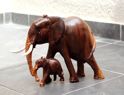 Large Elephant and Calf Ironwood Sculpture. Zimbabwean handmade smooth lifelike figurines. African Big Five Christmas gifts ready to Ship