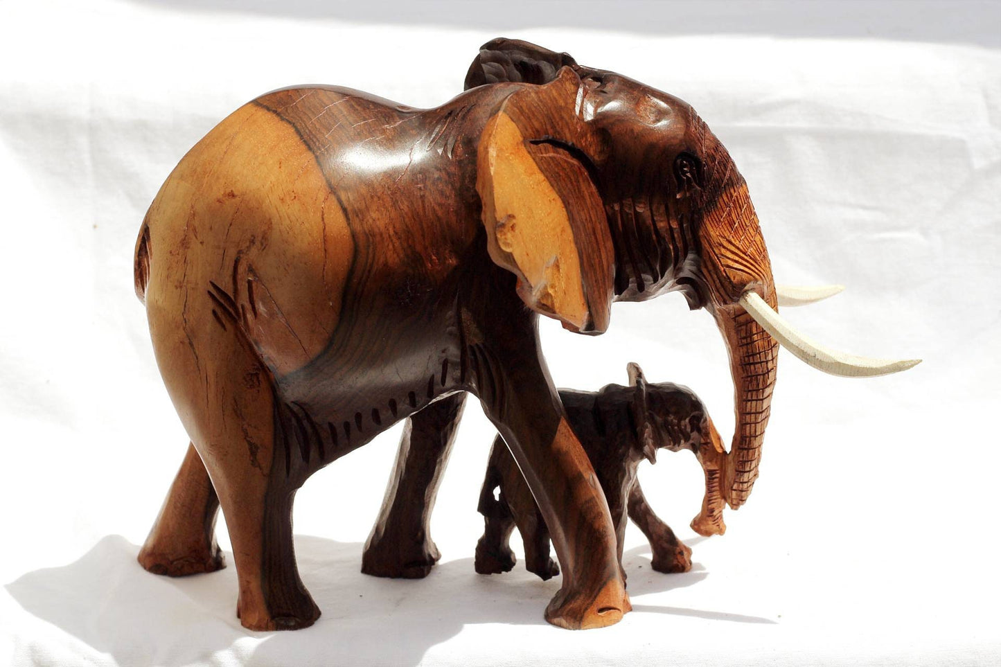 Large Elephant and Calf Ironwood Sculpture. Zimbabwean handmade smooth lifelike figurines. African Big Five Christmas gifts ready to Ship