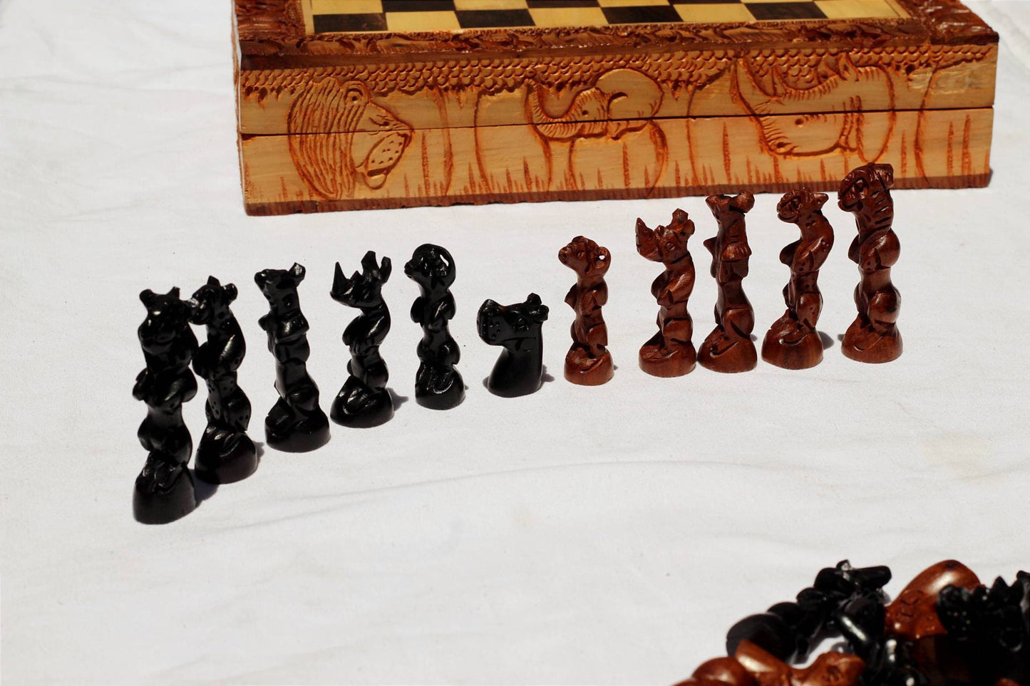 African Big Five Animals Chessboard Art. Ebony and Olive Wood Hand Carved Gaming board. Square Brown Christmas gifts. Express DHL Shipping