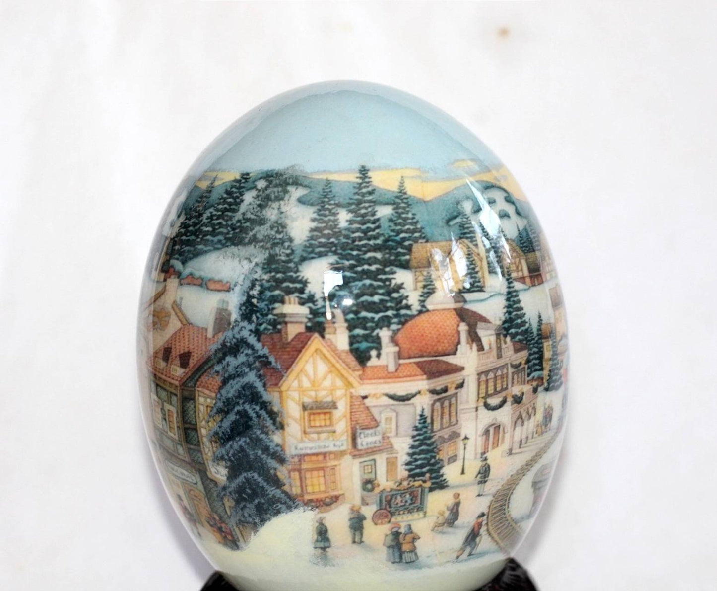 Christmas themed North Pole Ostrich Egg Decoupage and a Big 5 Carved Wood ring Stand. Ready to Ship Gifts.