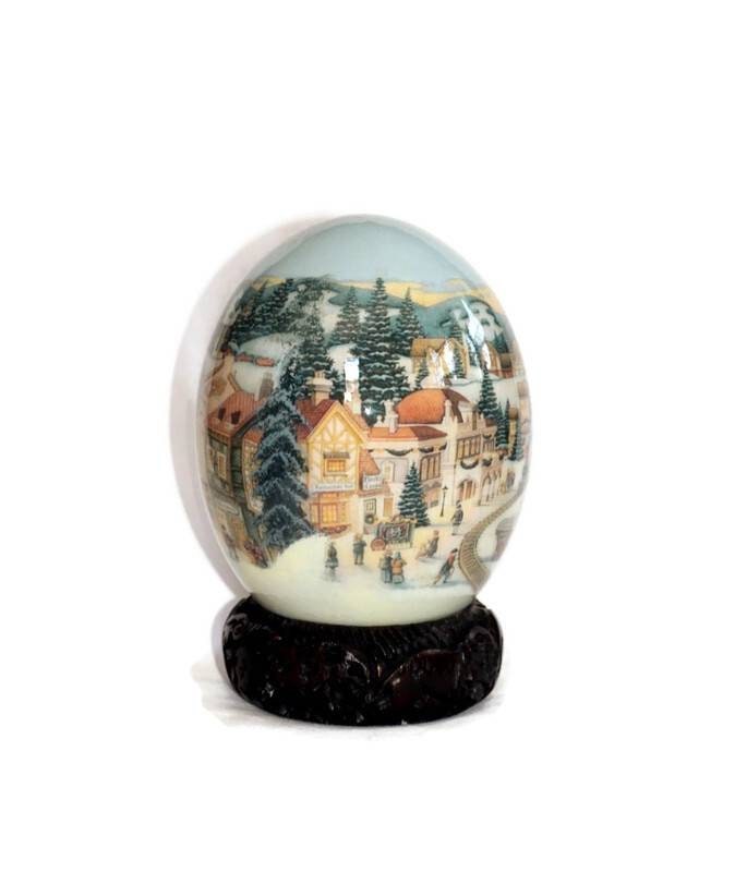 Christmas themed North Pole Ostrich Egg Decoupage and a Big 5 Carved Wood ring Stand. Ready to Ship Gifts.