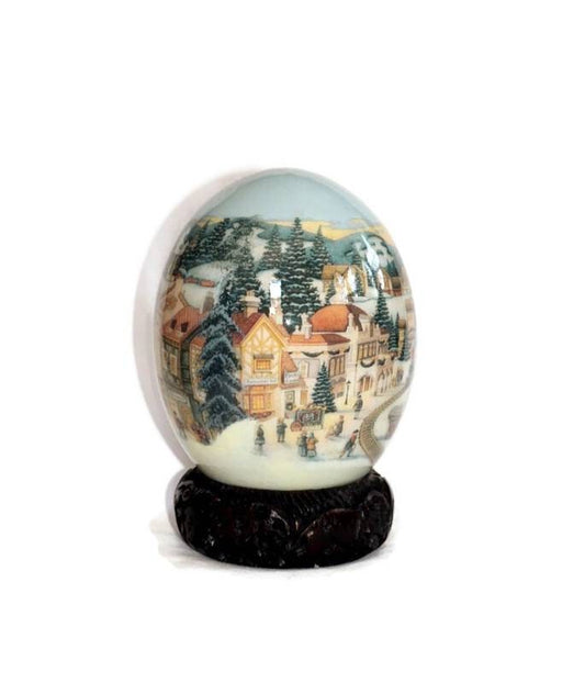 Christmas themed North Pole Ostrich Egg Decoupage and a Big 5 Carved Wood ring Stand. Ready to Ship Gifts.