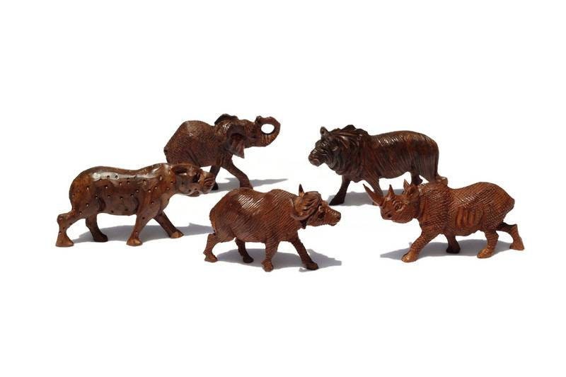 Ironwood Carved Big Five Animals mini figurines. Set of 5 standing lifelike Sculptures. Zimbabwean style brown hardwood art. Unique gifts