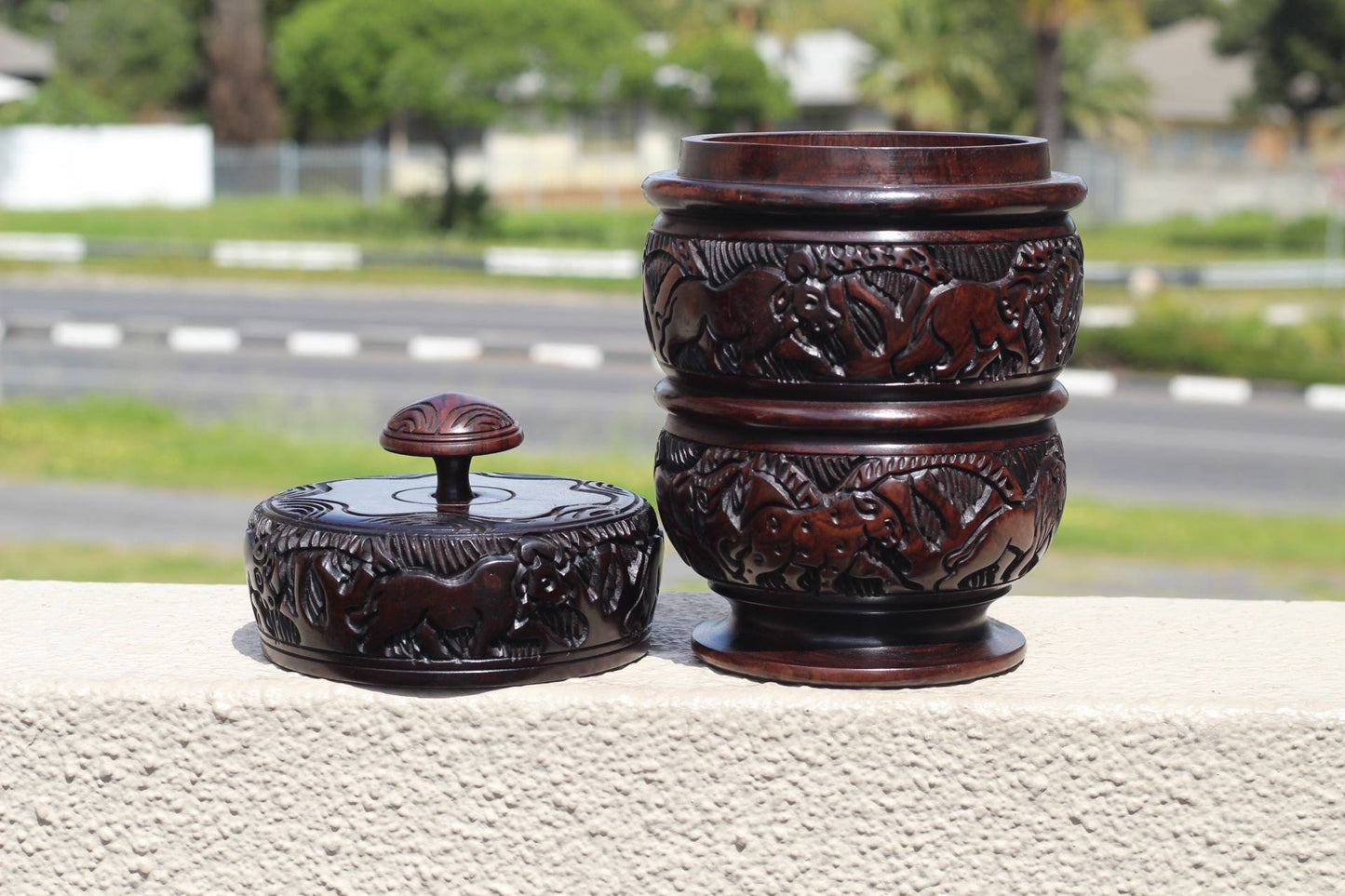 Large Iron Wood Handcarved Jewelry Box. It's 1 Carved to look like 2 stacked bowls. Unique African Handmade ready to Ship Christmas Gifts.