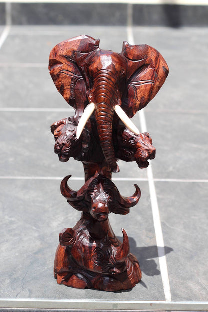 Ironwood smooth Carved lifelike Big Five heads art. Elephant, Lion, Leopard, Buffalo, Rhino heads on a fine Art Handcarved table decor piece