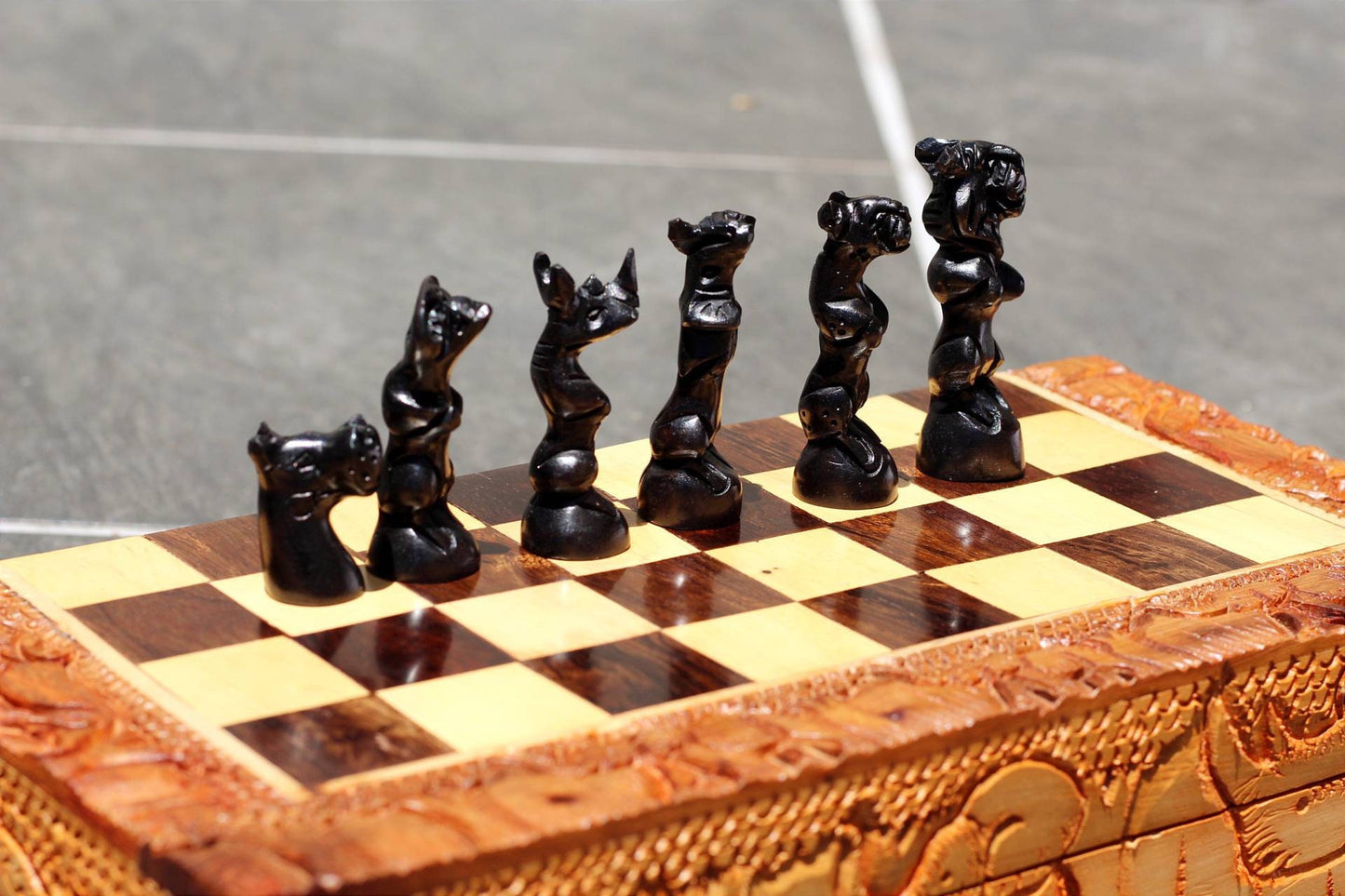 African Big Five Animals Chessboard Art. Ebony and Olive Wood Hand Carved Gaming board. Square Brown Christmas gifts. Express DHL Shipping