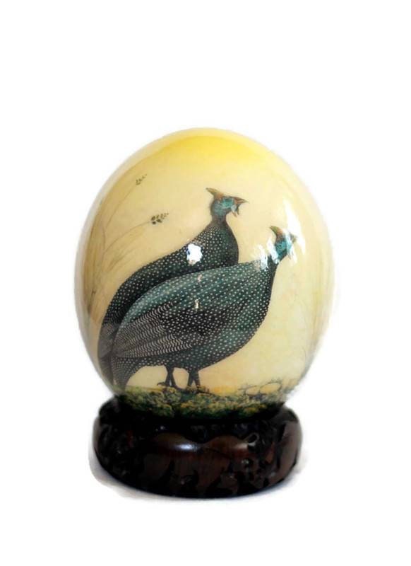 Decoupage Ostrich Egg with Guinea Fowls in a forest. Black and White birds on a brown dry grass / forest background. Unique Wedding Gifts