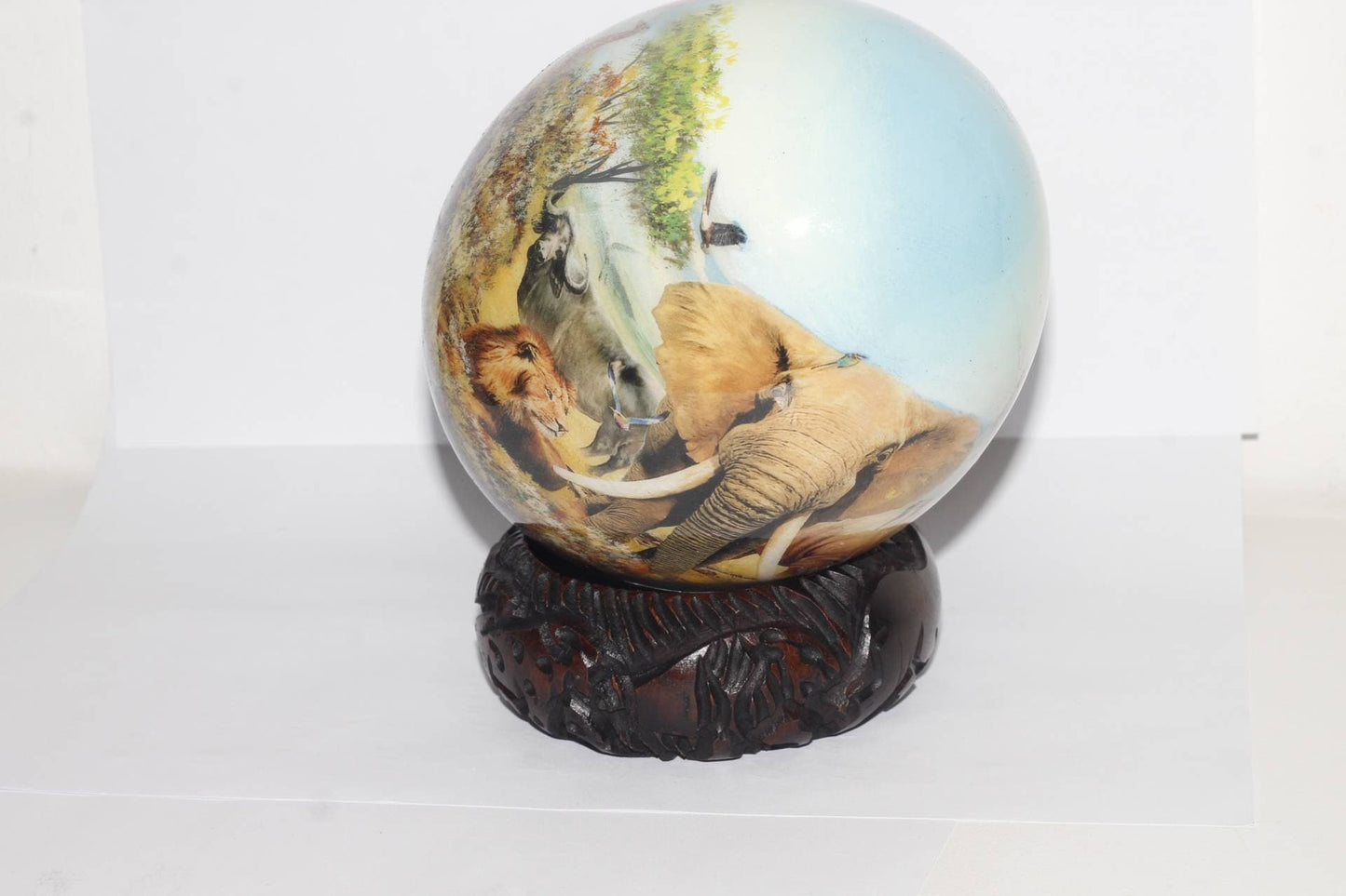 African Big Five Animals Decoupage Ostrich Egg shell. Daylight Safari Art gifts. Unique Ornament with carved wood ring stand. Ready to Ship