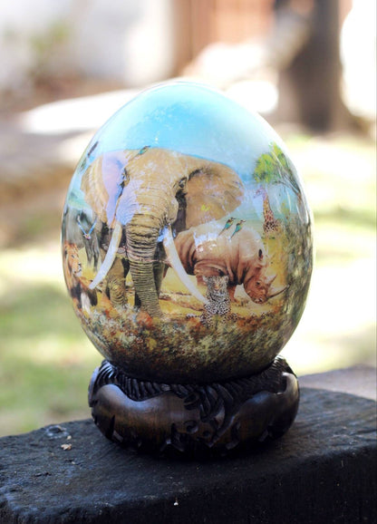 African Big Five Animals Decoupage Ostrich Egg shell. Daylight Safari Art gifts. Unique Ornament with carved wood ring stand. Ready to Ship