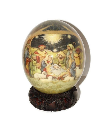 Religious Decoupage Ostrich Egg Shell with shepherds bringing gifts to Jesus. Unique home and Office decor African Art Gifts. Ready to ship