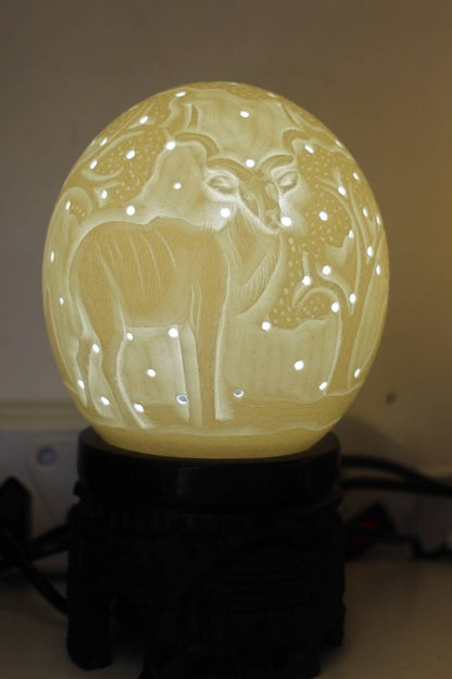 Ostrich Egg Fine Art carved Kudu Antelope Lampshade. Authentic shell with and tree carvings and Holes. House warming/ office lighting gifts