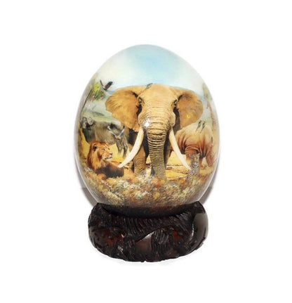 African Big Five Animals Decoupage Ostrich Egg shell. Daylight Safari Art gifts. Unique Ornament with carved wood ring stand. Ready to Ship