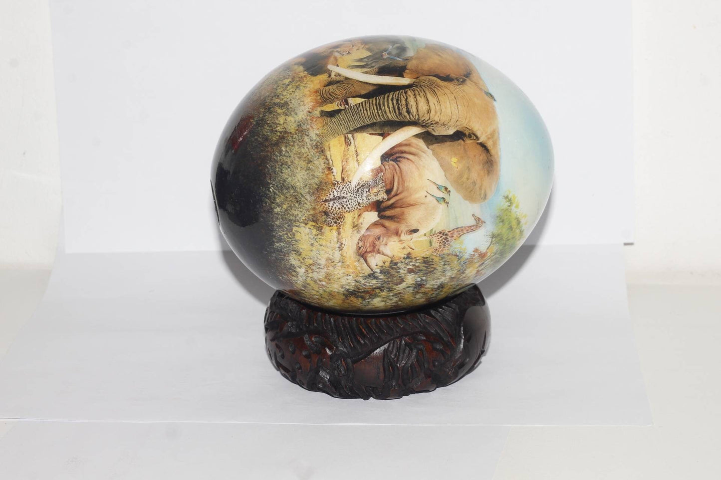 African Big Five Animals Decoupage Ostrich Egg shell. Daylight Safari Art gifts. Unique Ornament with carved wood ring stand. Ready to Ship