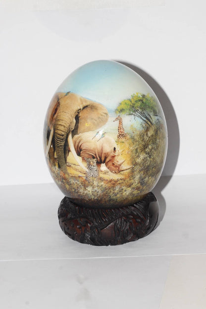 African Big Five Animals Decoupage Ostrich Egg shell. Daylight Safari Art gifts. Unique Ornament with carved wood ring stand. Ready to Ship