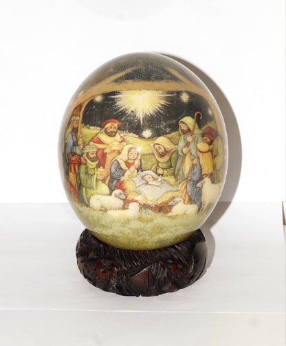 Religious Decoupage Ostrich Egg Shell with shepherds bringing gifts to Jesus. Unique home and Office decor African Art Gifts. Ready to ship