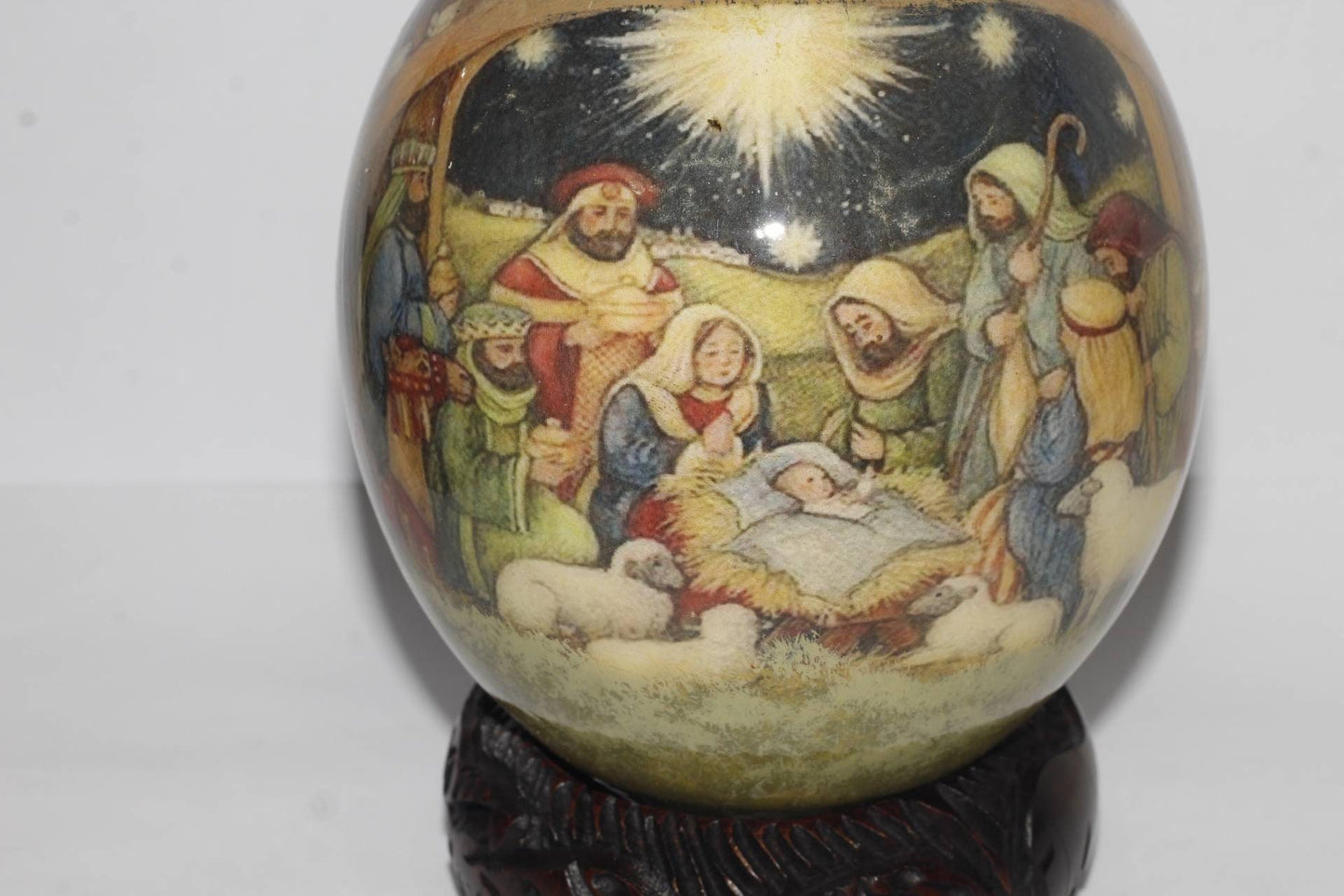 Religious Decoupage Ostrich Egg Shell with shepherds bringing gifts to Jesus. Unique home and Office decor African Art Gifts. Ready to ship