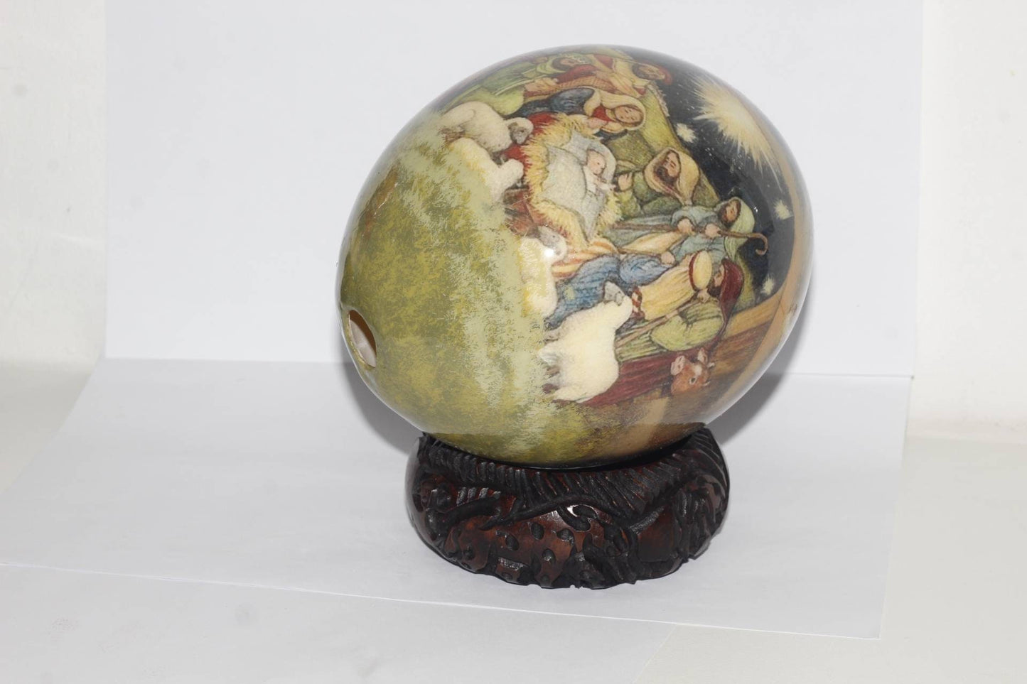 Religious Decoupage Ostrich Egg Shell with shepherds bringing gifts to Jesus. Unique home and Office decor African Art Gifts. Ready to ship