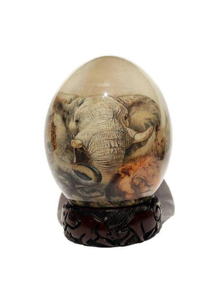 African Big Five Ostrich Egg Decoupage Art on Grey Background. Office and Home Decor Gifts from Africa, ready to Ship Worldwide