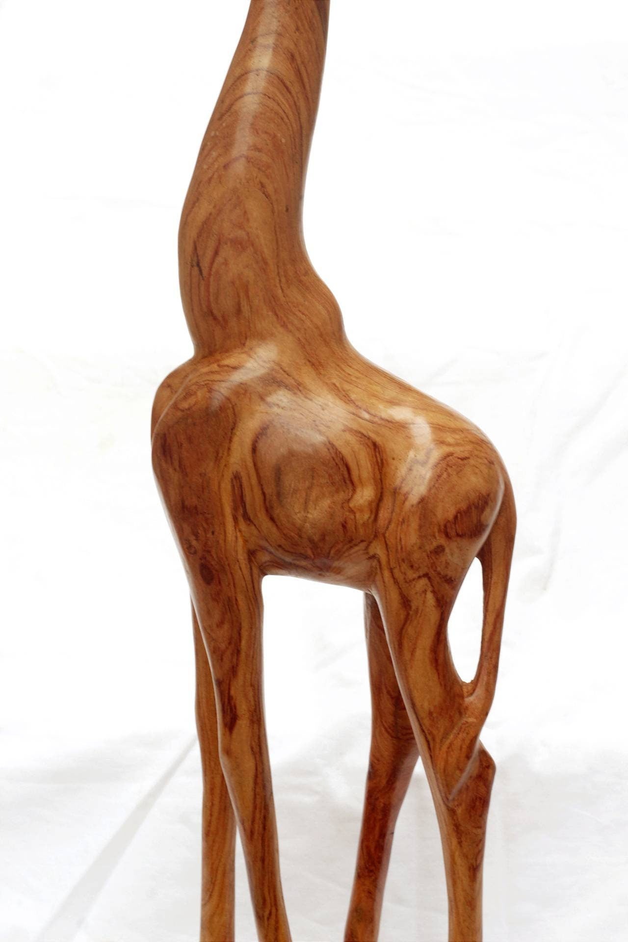 Fine Art Smooth Teak Wood Giraffe feeding/facing up figurine. Tall Zambian Carved Art Sculpture. Home/office decor, African animals gifts