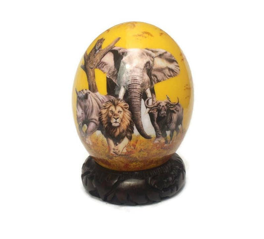 The African Big 5 Animals on a yellow and bit of gold background, Ostrich Egg Decoupage Artwork. Ready to Ship African Theme Christmas gifts