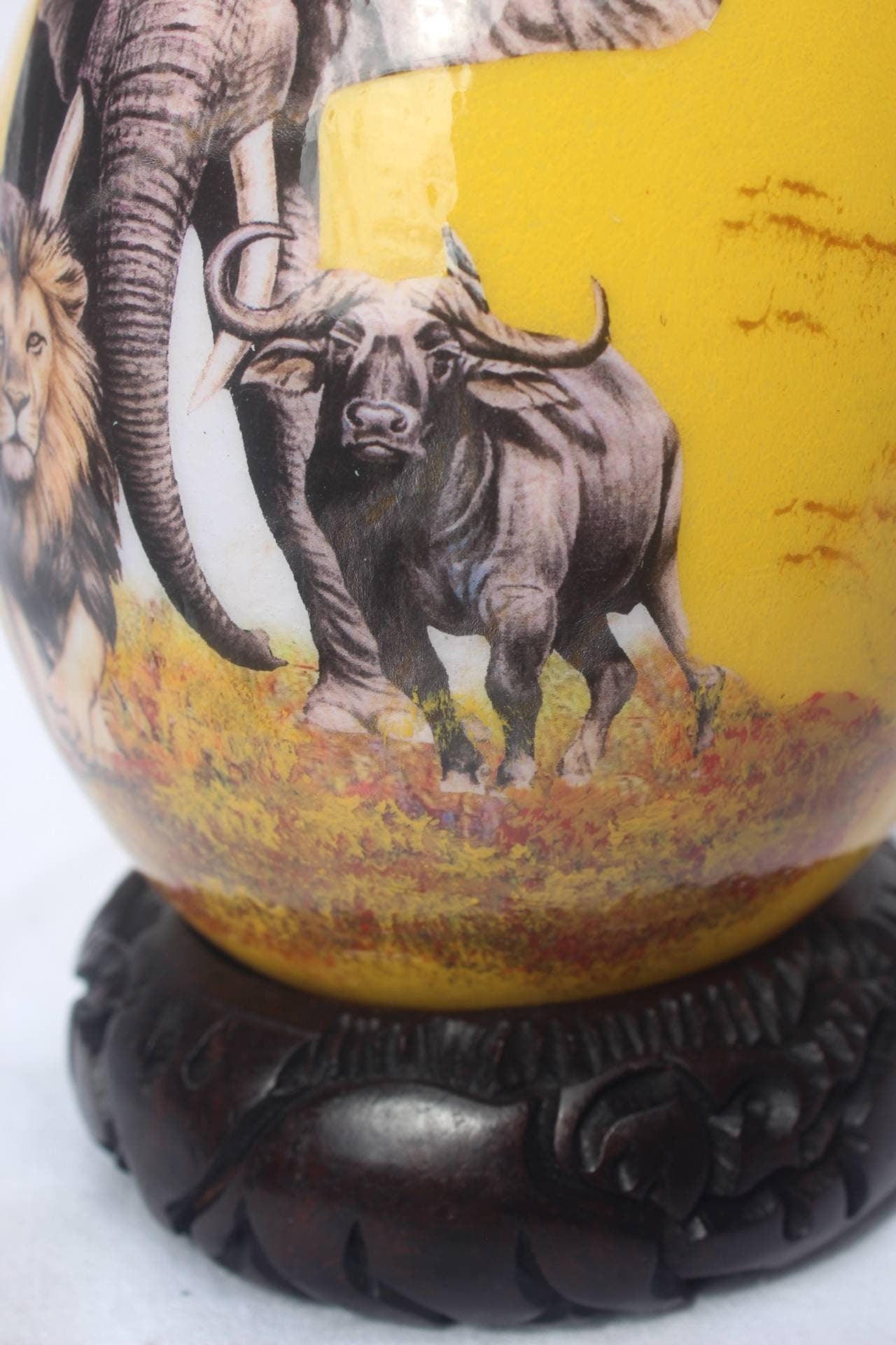 The African Big 5 Animals on a yellow and bit of gold background, Ostrich Egg Decoupage Artwork. Ready to Ship African Theme Christmas gifts