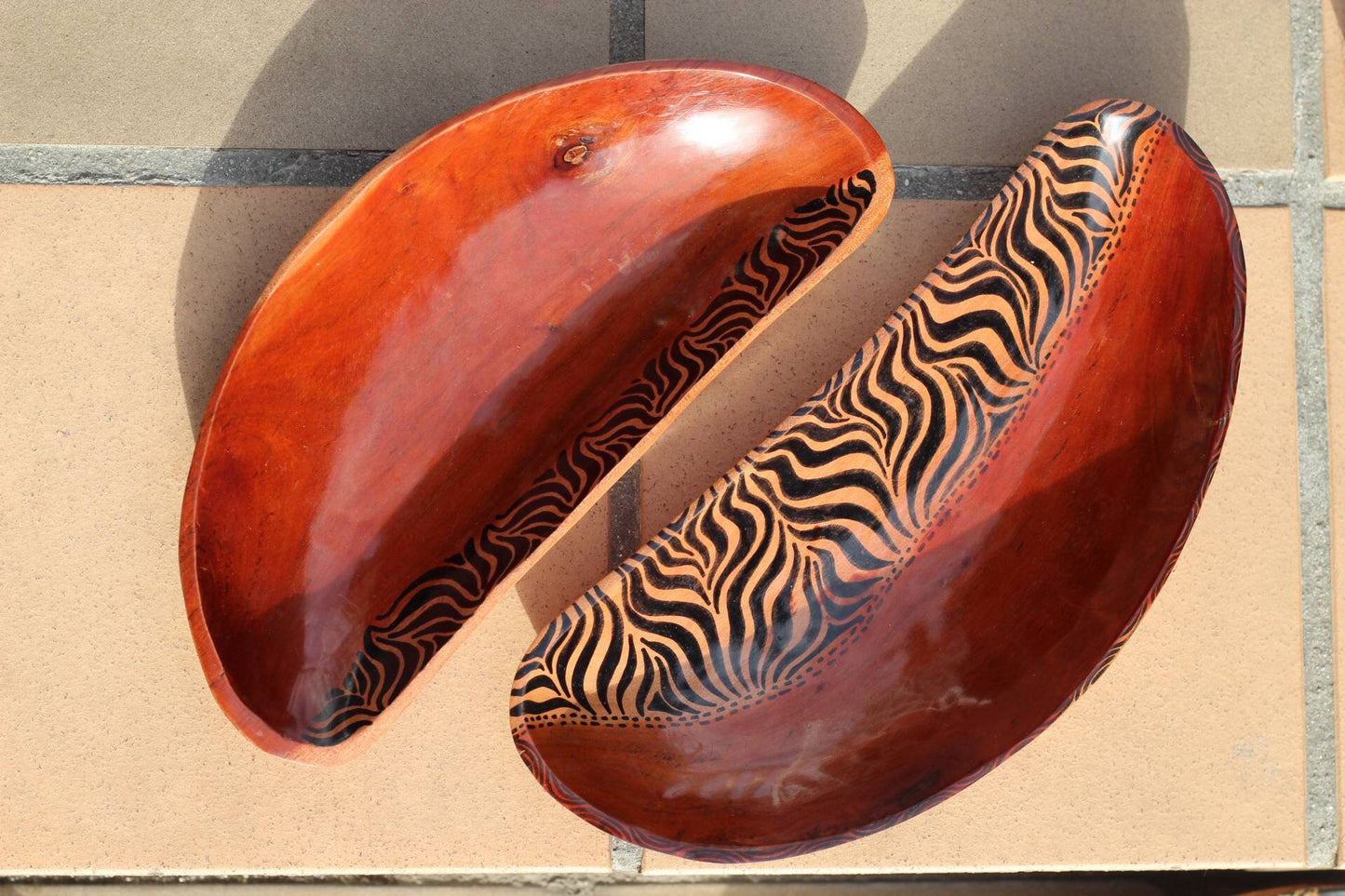 Set of 2 Zebra print Bowls. Oval Painted Teak wood table centerpieces. Mozambique handmade Art Decor gifts, ready to Ship