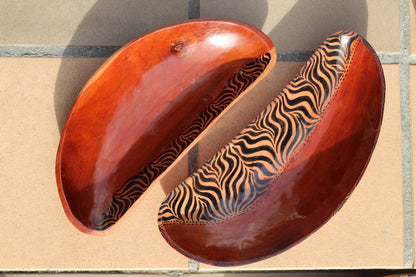 Set of 2 Zebra print Bowls. Oval Painted Teak wood table centerpieces. Mozambique handmade Art Decor gifts, ready to Ship