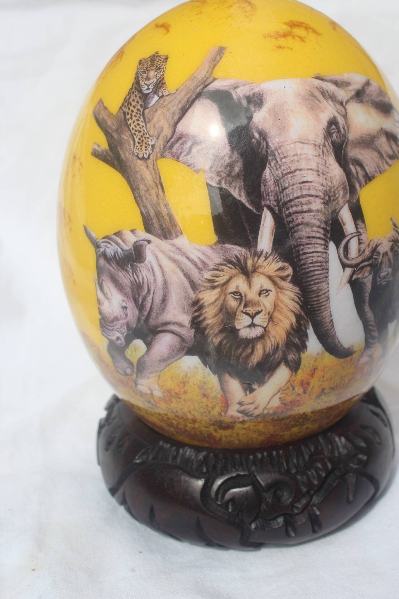 The African Big 5 Animals on a yellow and bit of gold background, Ostrich Egg Decoupage Artwork. Ready to Ship African Theme Christmas gifts