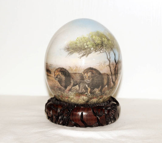 Prey stands against Predator Lion and Buffalo Decoupage Ostrich Egg Shell. Safari failed hunt blue sky, Home Decor Ornament. Ready to Ship.