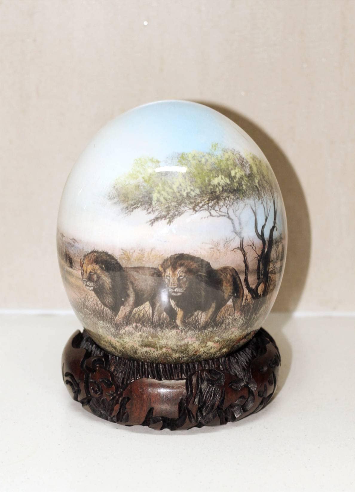 Prey stands against Predator Lion and Buffalo Decoupage Ostrich Egg Shell. Safari failed hunt blue sky, Home Decor Ornament. Ready to Ship.