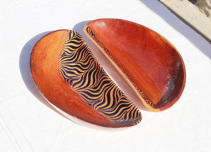 Set of 2 Zebra print Bowls. Oval Painted Teak wood table centerpieces. Mozambique handmade Art Decor gifts, ready to Ship