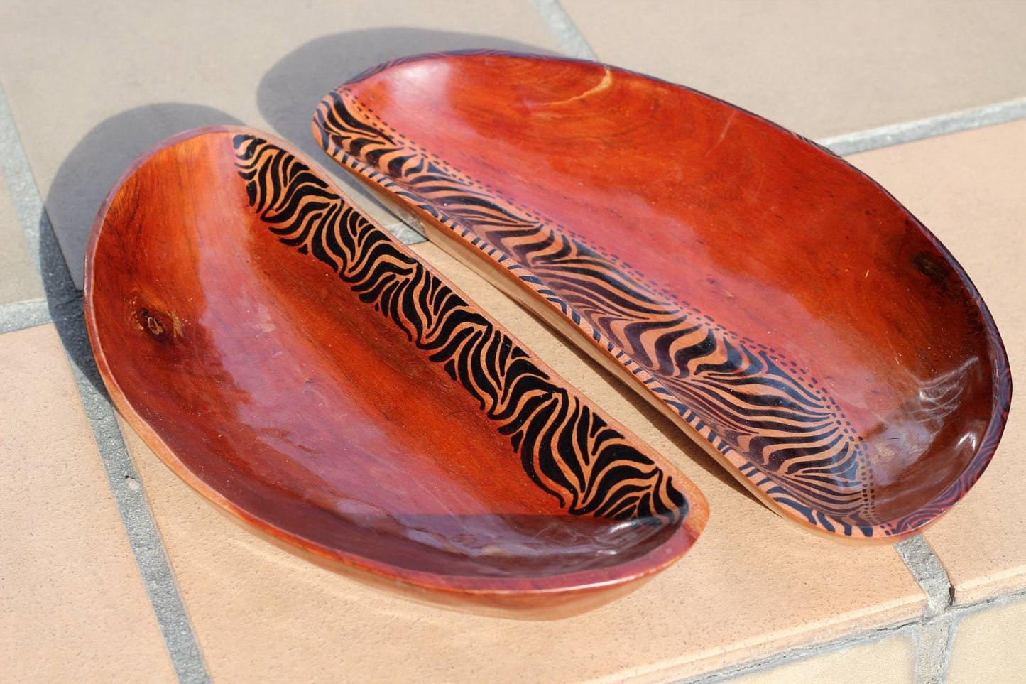 Set of 2 Zebra print Bowls. Oval Painted Teak wood table centerpieces. Mozambique handmade Art Decor gifts, ready to Ship