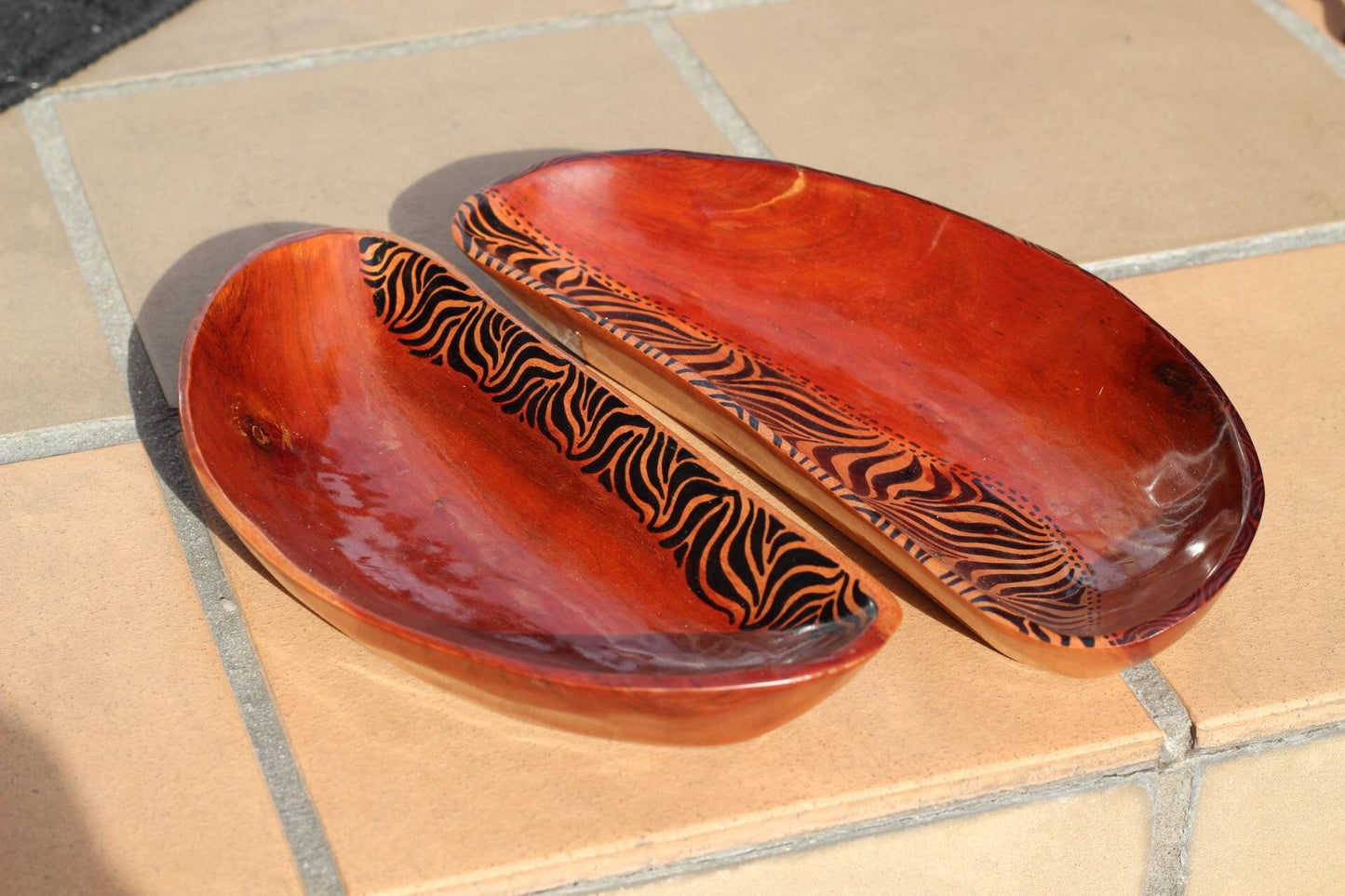 Set of 2 Zebra print Bowls. Oval Painted Teak wood table centerpieces. Mozambique handmade Art Decor gifts, ready to Ship