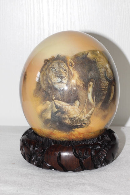 Brown Decoupage African Big Five Animals on Authentic Ostrich Egg Shell. Christmas gift, Comes with a large carved ring stand. Ready to Ship