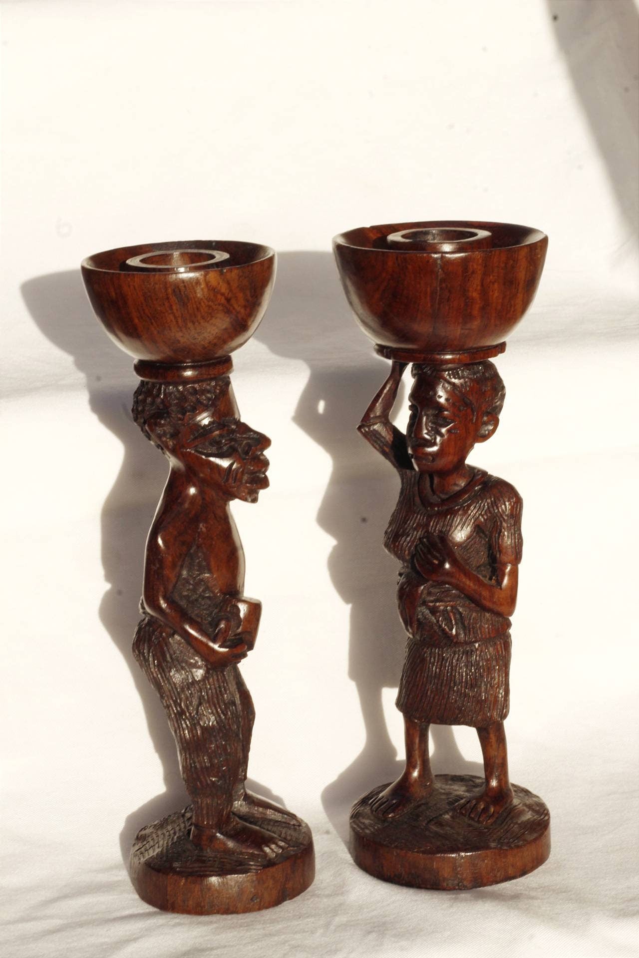 Large 10" African Village Couple candle Stands. Malawian Handcarved Ironwood Candlestick Holders. Ready to ship unique handmade Art Gifts