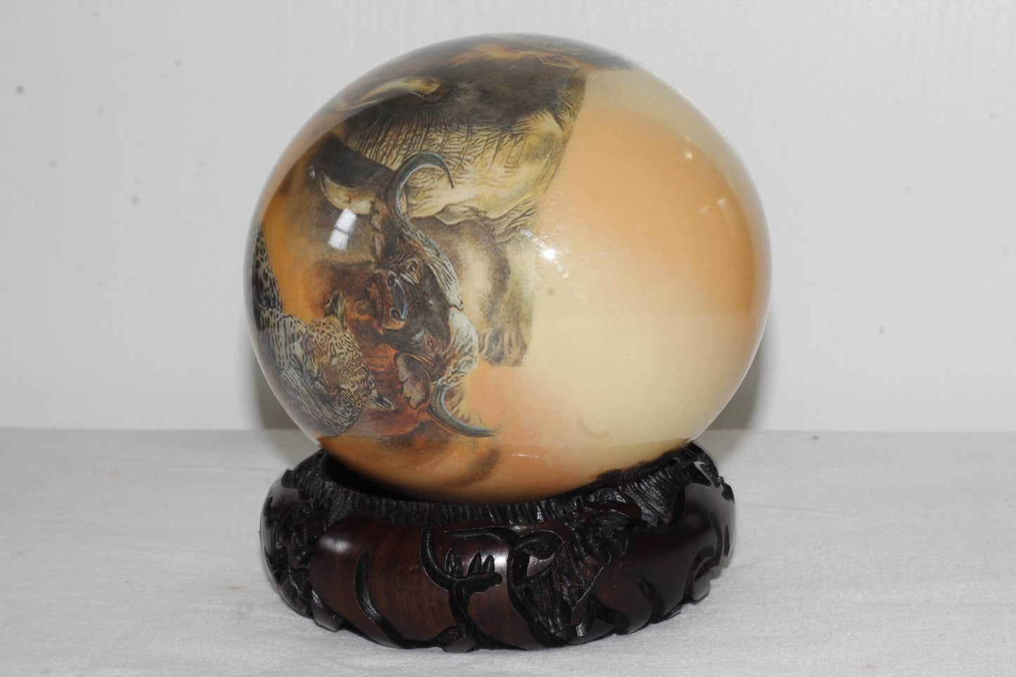 Brown Decoupage African Big Five Animals on Authentic Ostrich Egg Shell. Christmas gift, Comes with a large carved ring stand. Ready to Ship