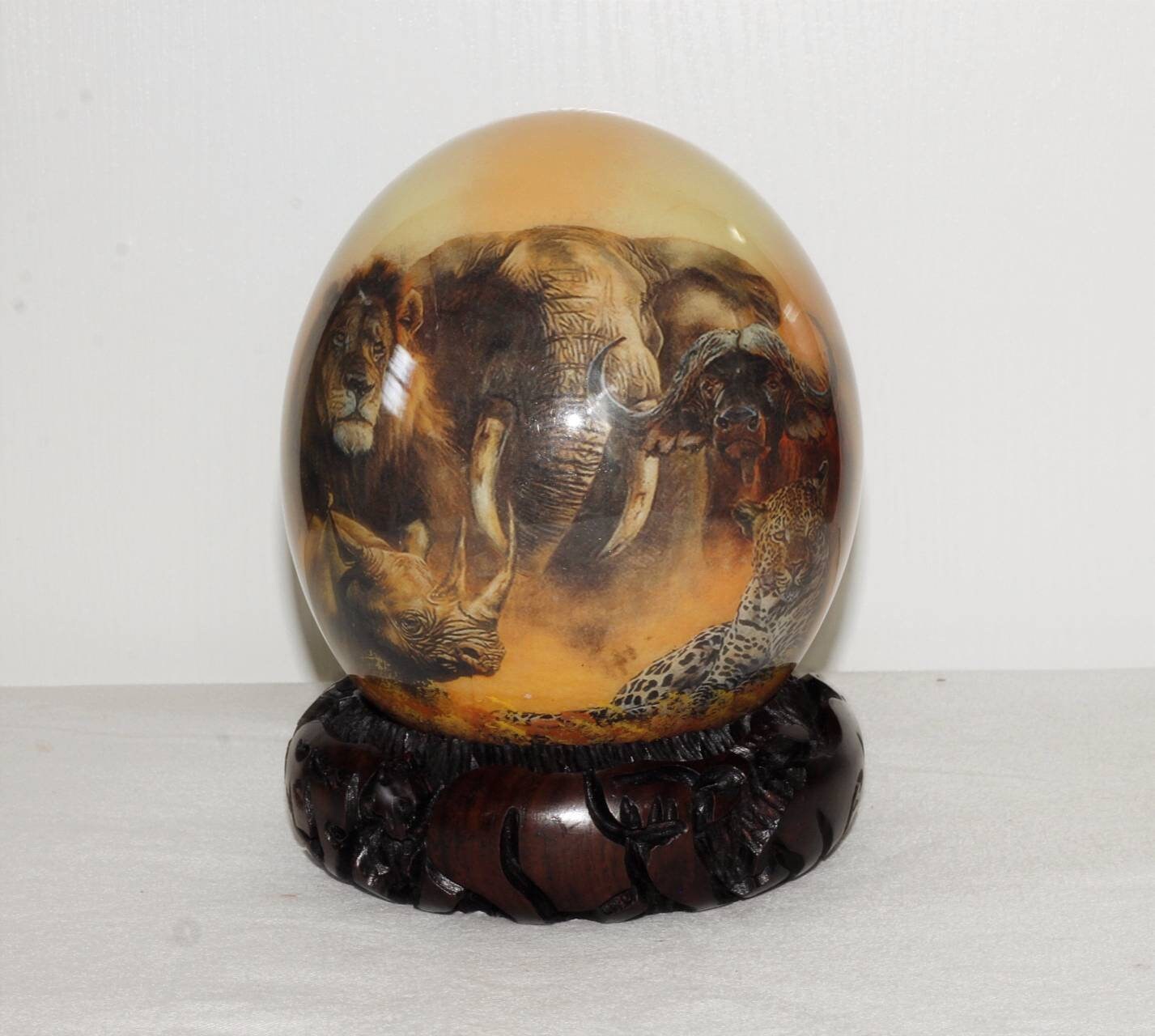 Brown Decoupage African Big Five Animals on Authentic Ostrich Egg Shell. Christmas gift, Comes with a large carved ring stand. Ready to Ship