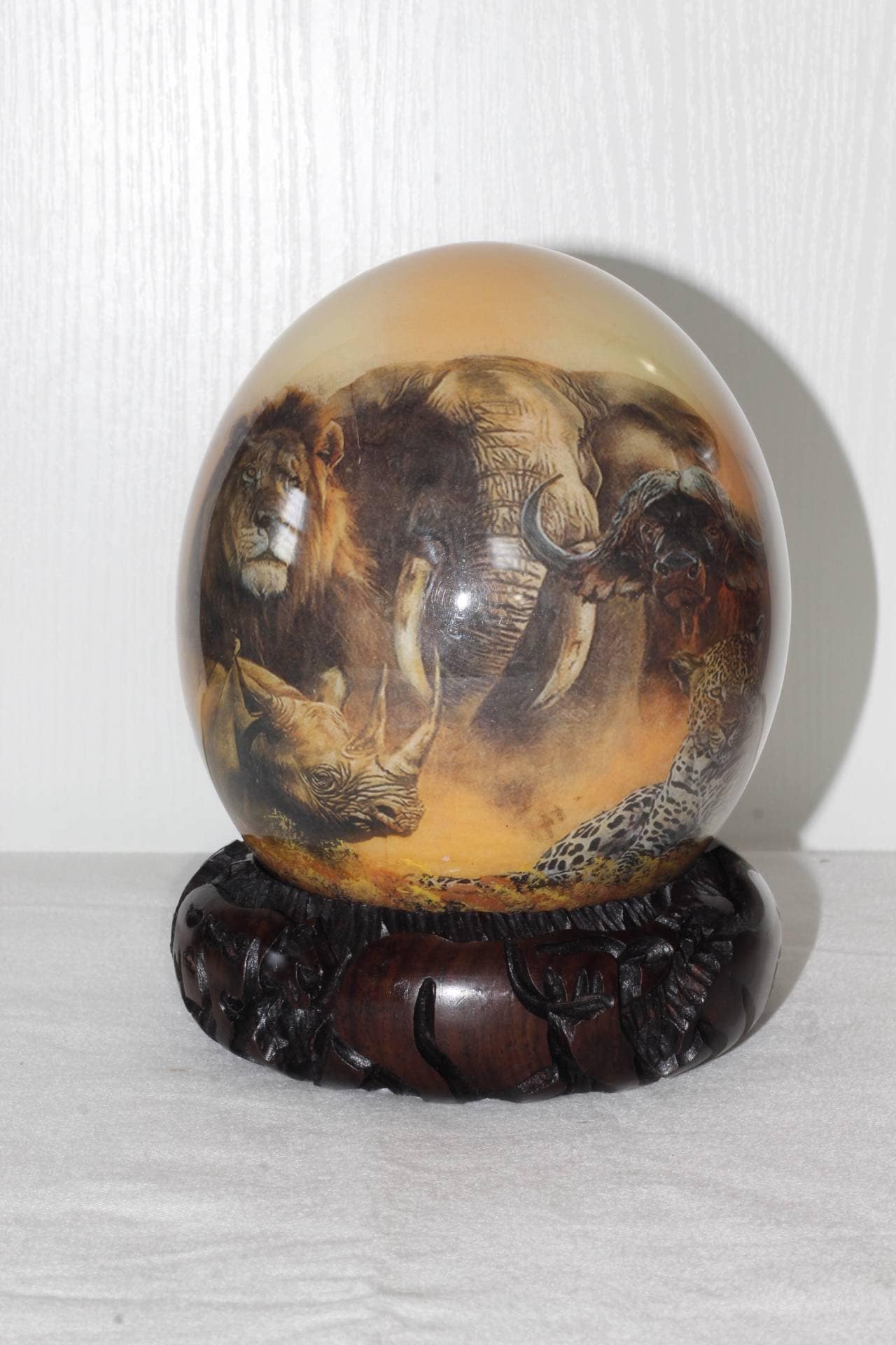 Brown Decoupage African Big Five Animals on Authentic Ostrich Egg Shell. Christmas gift, Comes with a large carved ring stand. Ready to Ship